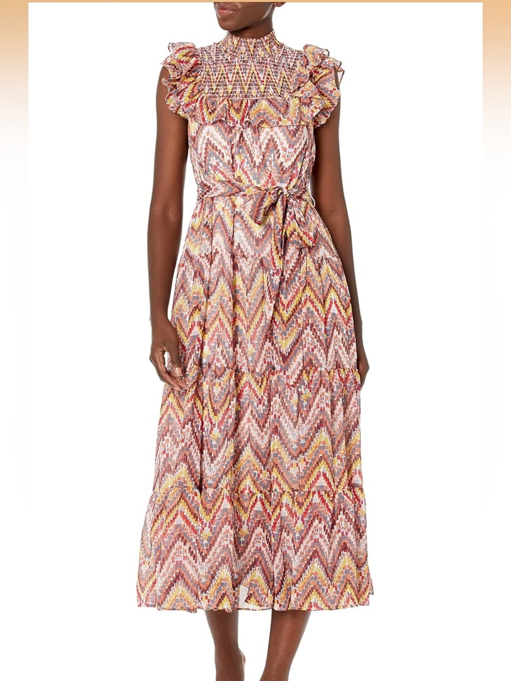 Smocked Neck Chevron Midi Skirt Dress in Pink & Yellow